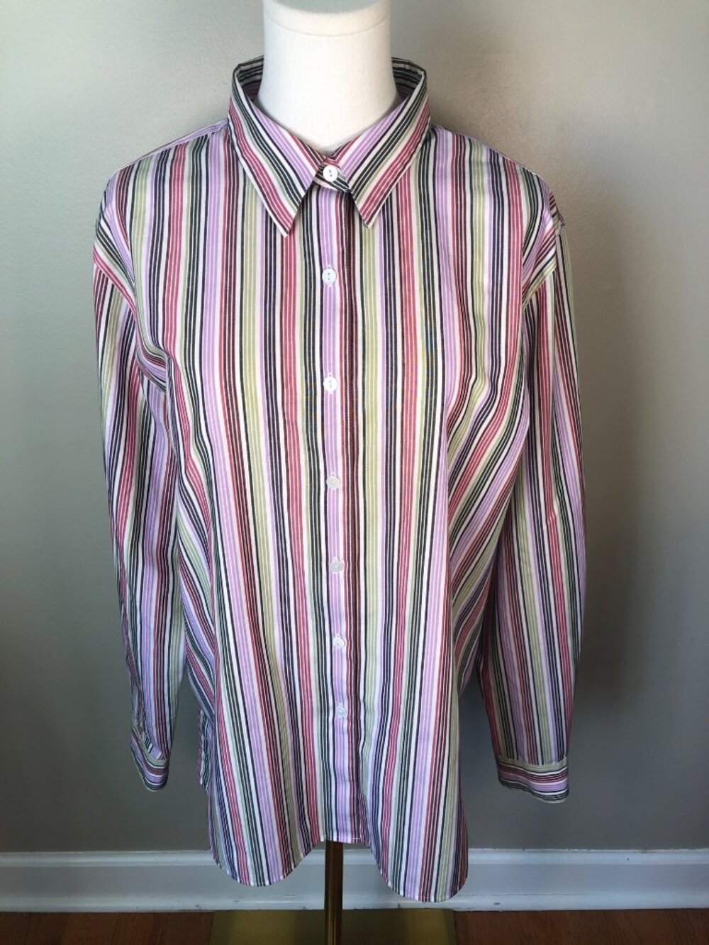 Foxcroft Wrinkle Free Multicolor Striped Button Front Career Blouse Size 16